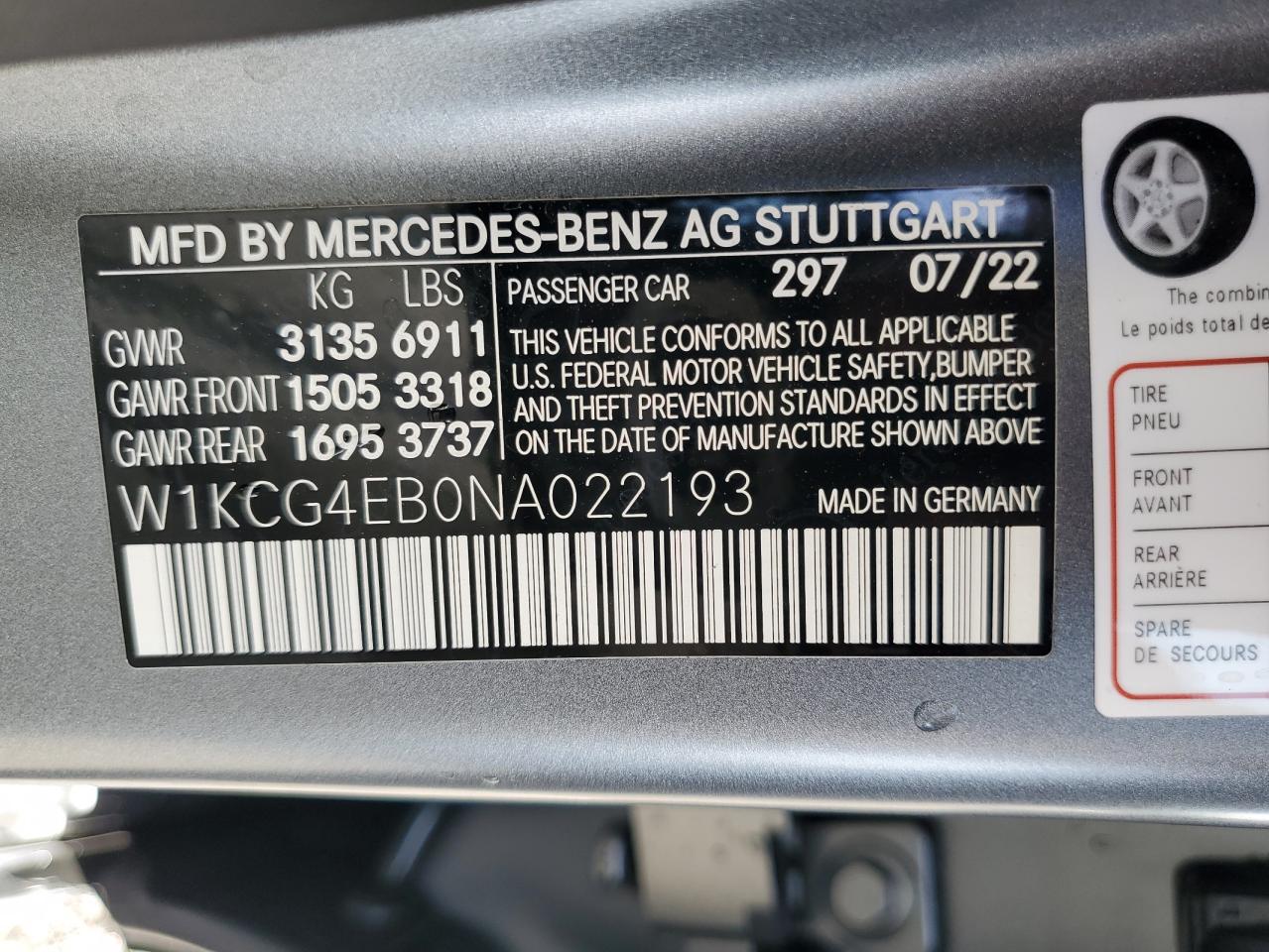 2022 MERCEDES-BENZ EQS SEDAN 580 4MATIC VIN:W1KCG4EB0NA022193