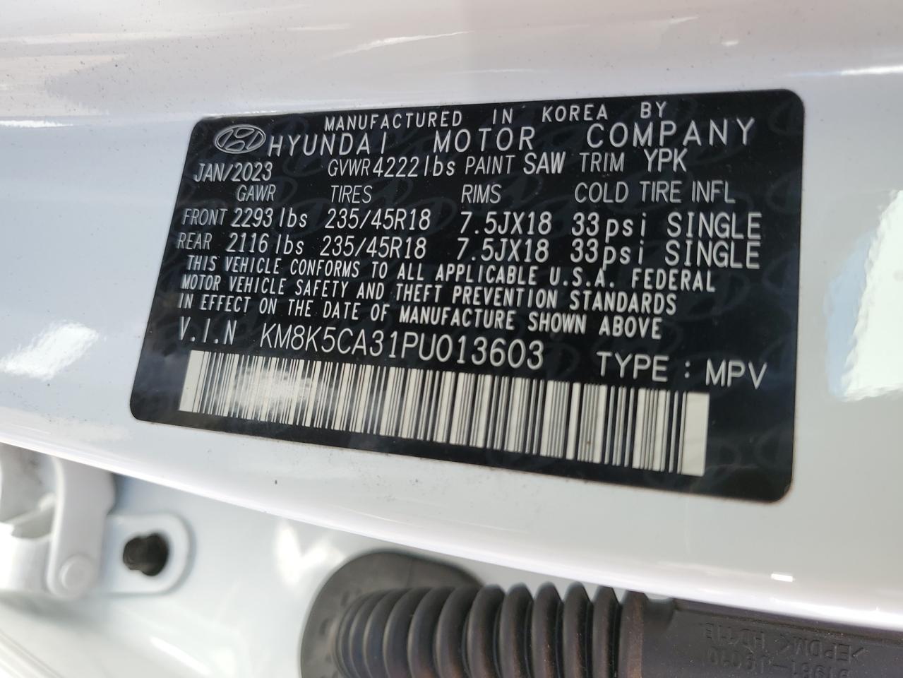 2023 HYUNDAI KONA LIMITED VIN:KM8K5CA31PU013603