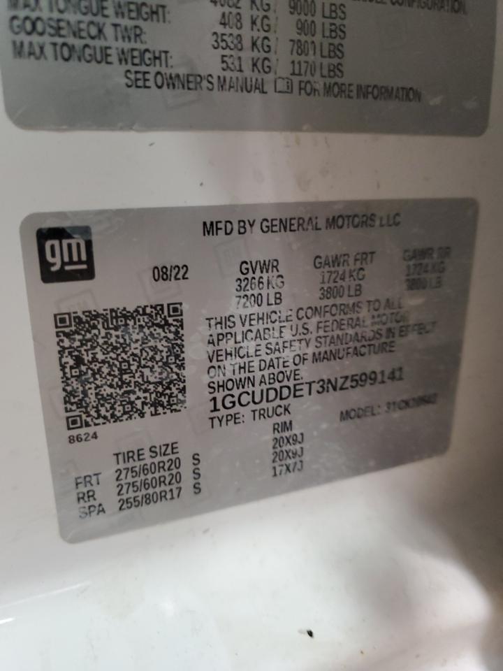 2022 CHEVROLET SILVERADO K1500 LT VIN:1GCUDDET3NZ599141