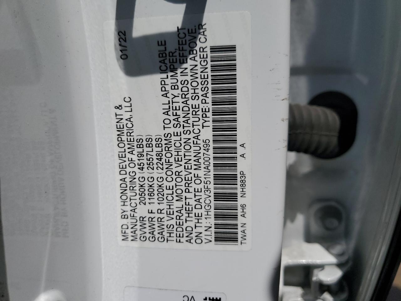 2022 HONDA ACCORD HYBRID EXL VIN:1HGCV3F51NA007495