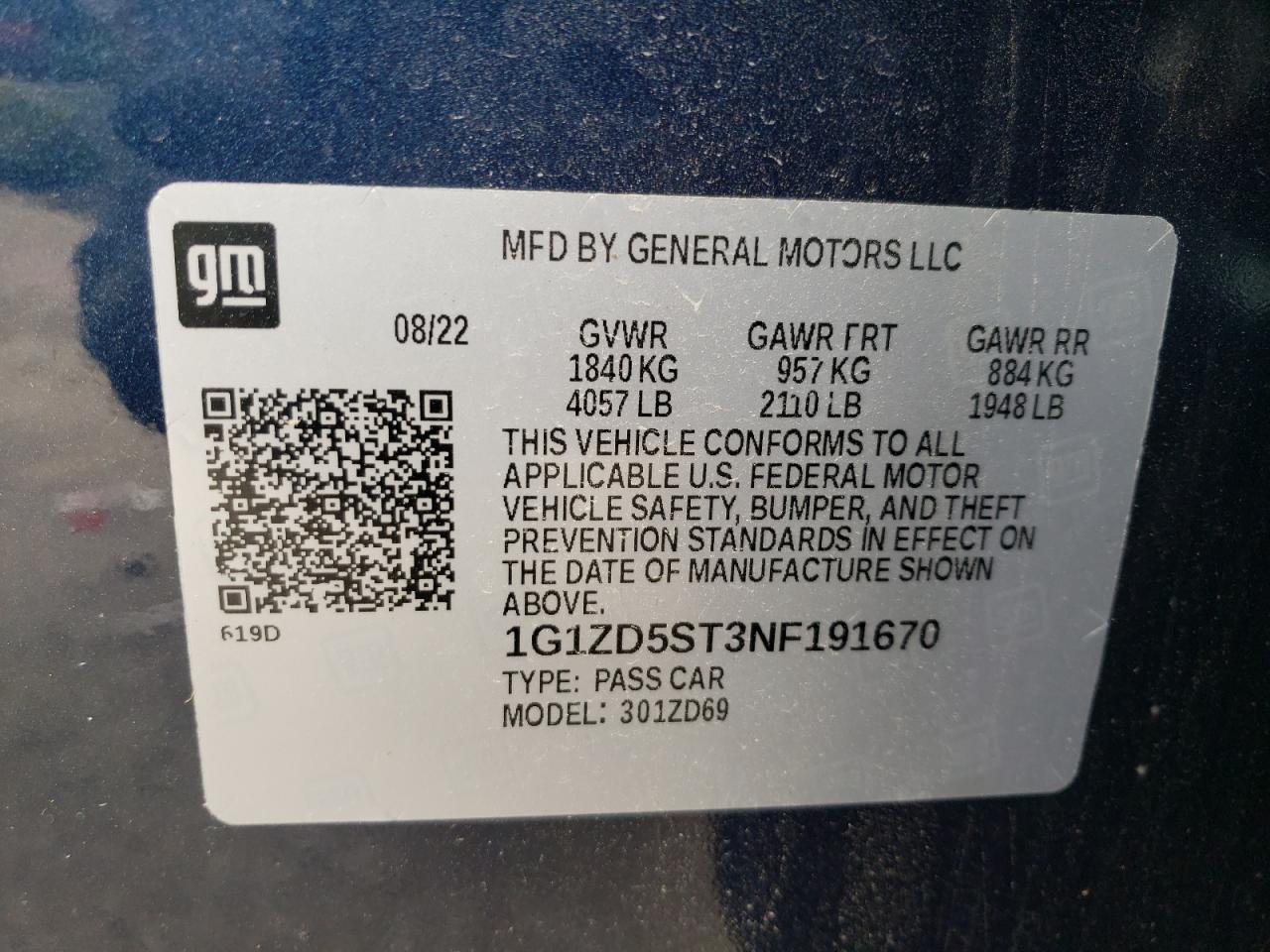 2022 CHEVROLET MALIBU LT VIN:1G1ZD5ST3NF191670