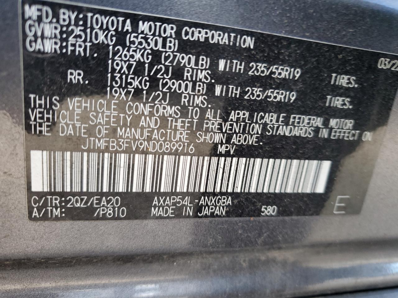 2022 TOYOTA RAV4 PRIME XSE VIN:JTMFB3FV9ND089916