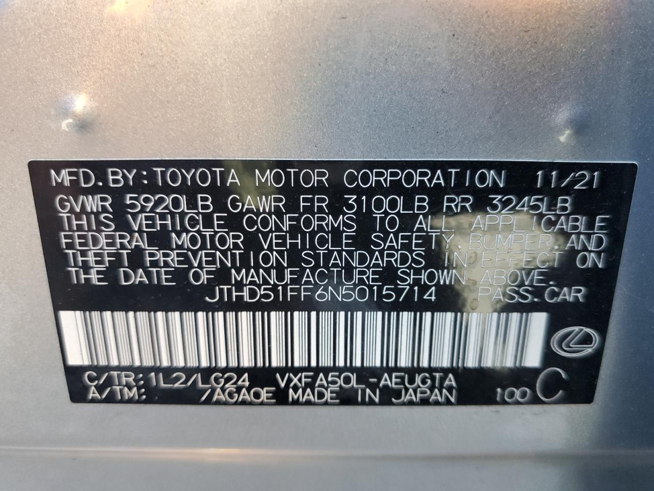 2022 LEXUS LS 500 BASE VIN:JTHD51FF6N5015714