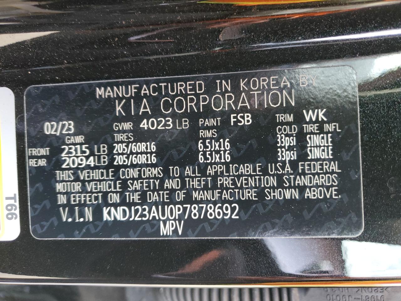2023 KIA SOUL LX VIN:KNDJ23AU0P7878692