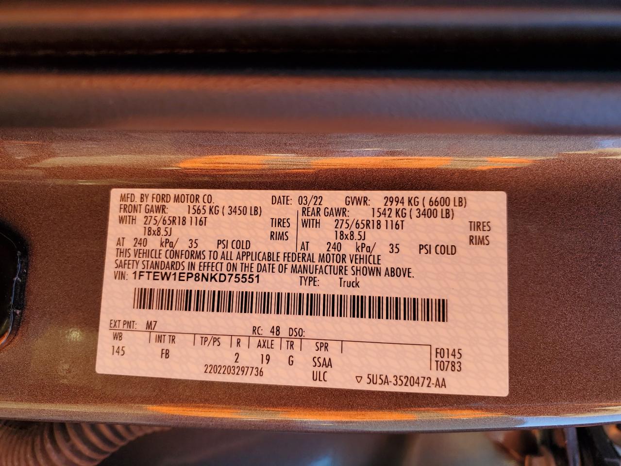 2022 FORD F150 SUPERCREW VIN:1FTEW1EP8NKD75551