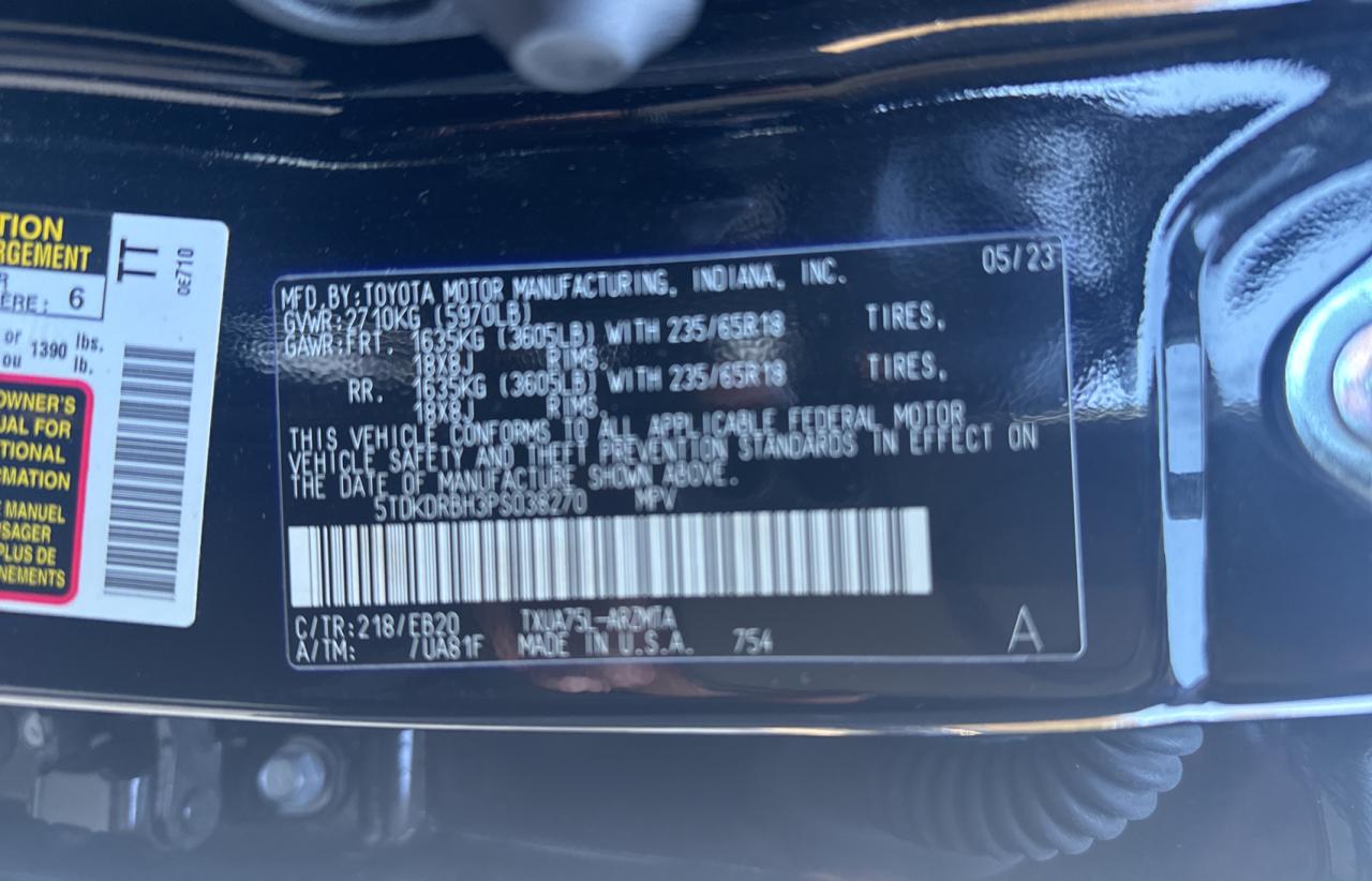 2023 TOYOTA HIGHLANDER L VIN:5TDKDRBH3PS038270