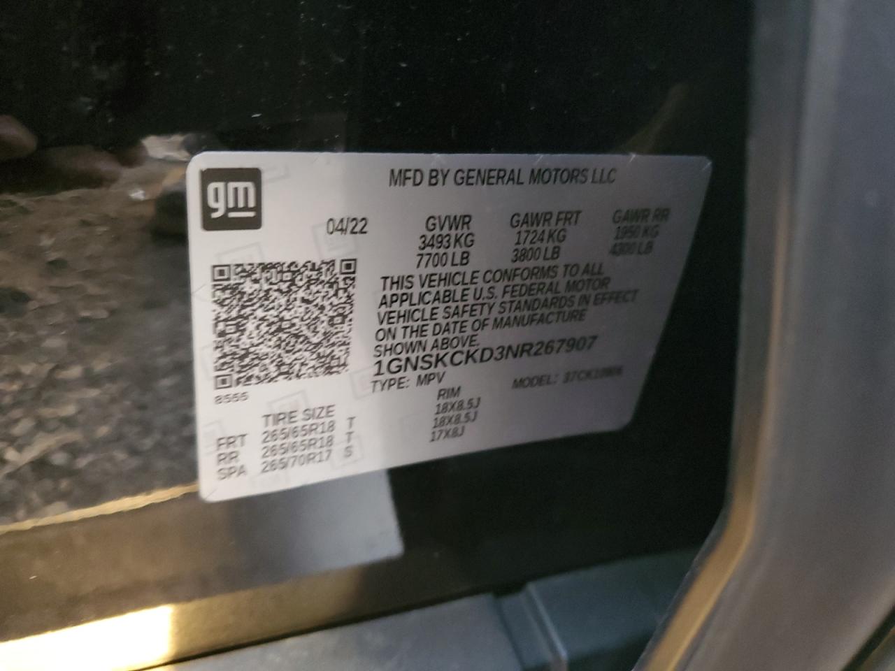 2022 CHEVROLET SUBURBAN K1500 LT VIN:1GNSKCKD3NR267907