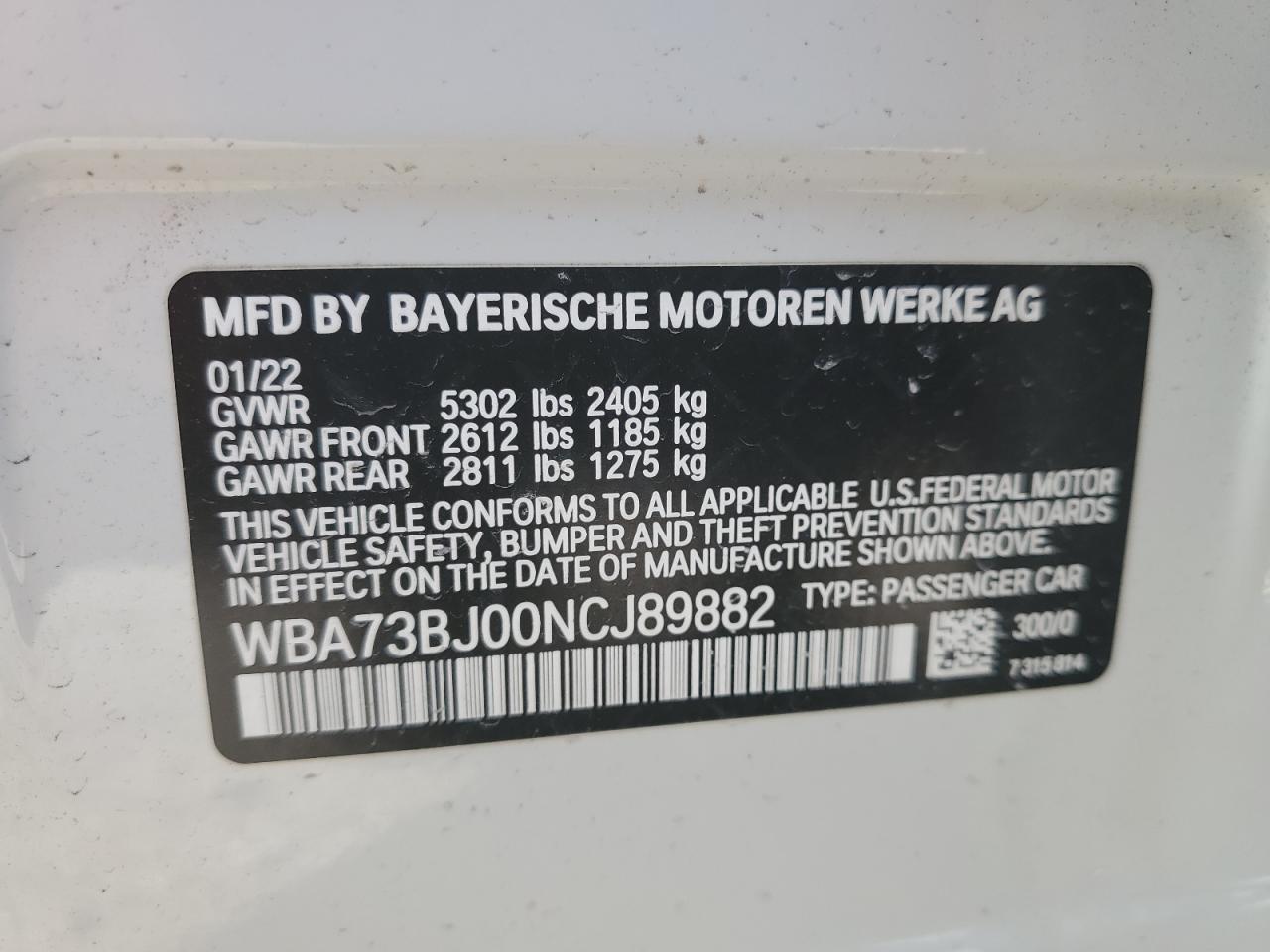 2022 BMW 540 XI VIN:WBA73BJ00NCJ89882