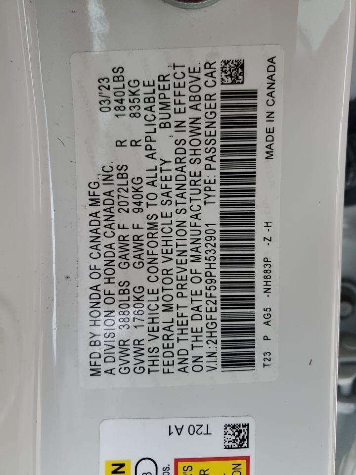 2023 HONDA CIVIC SPORT VIN:2HGFE2F59PH532901