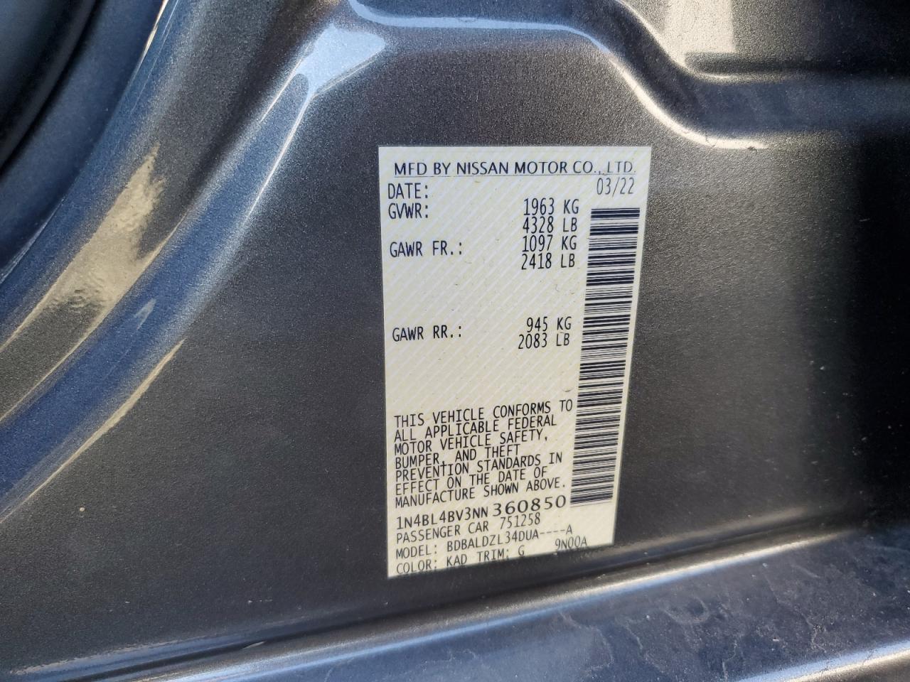 2022 NISSAN ALTIMA S VIN:1N4BL4BV3NN360850