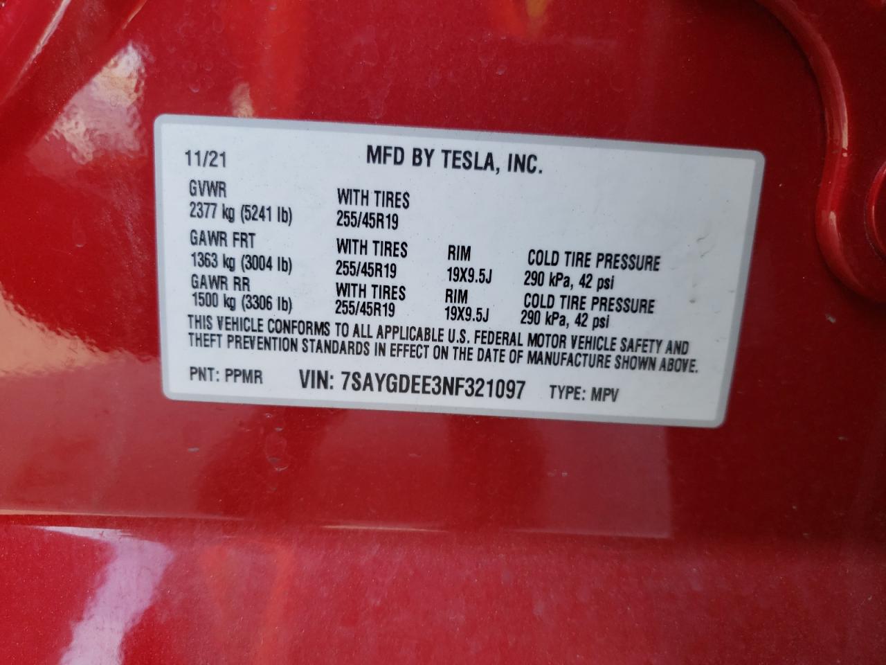 2022 TESLA MODEL Y  VIN:7SAYGDEE3NF321097