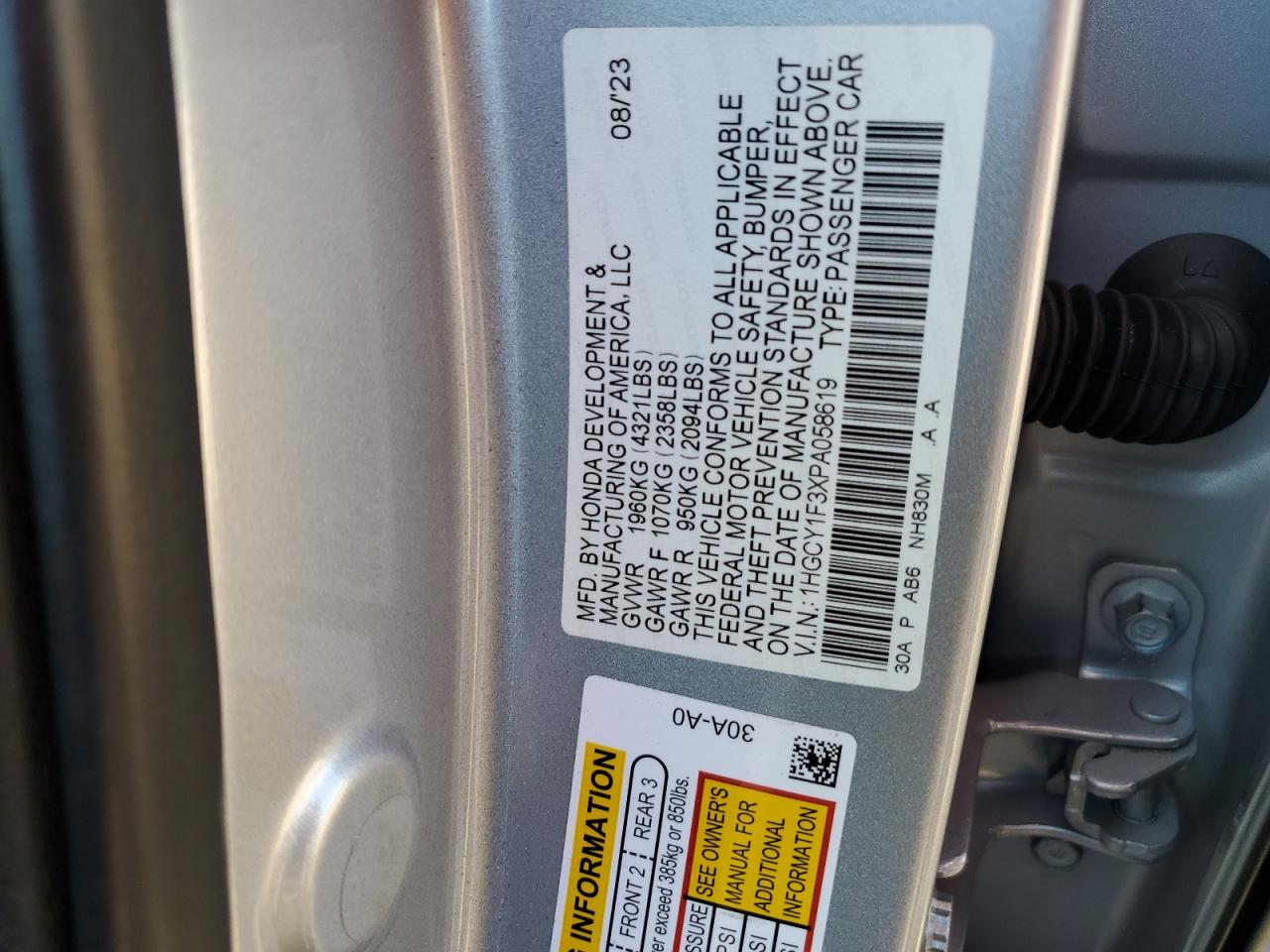 2023 HONDA ACCORD EX VIN:1HGCY1F3XPA058619