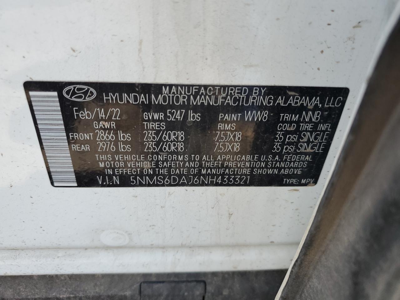 2022 HYUNDAI SANTA FE SEL VIN:5NMS6DAJ6NH433321