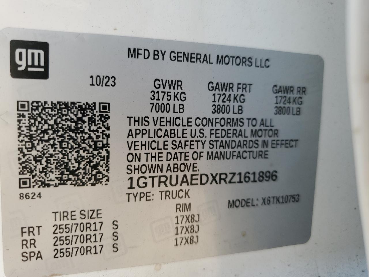 2024 GMC SIERRA K1500 VIN:1GTRUAEDXRZ161896