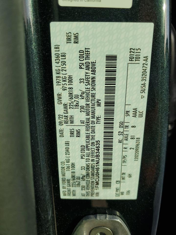 2022 FORD ESCAPE SEL VIN:1FMCU0H61NUB34635