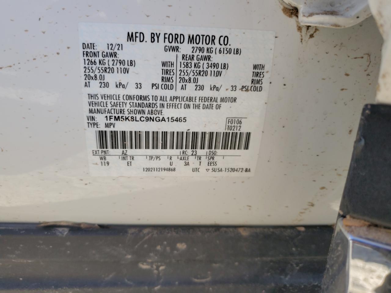 2022 FORD EXPLORER KING RANCH VIN:1FM5K8LC9NGA15465
