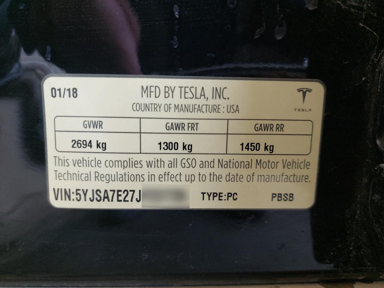 2018 TESL MODEL S VIN:5YJSA7E27JF******