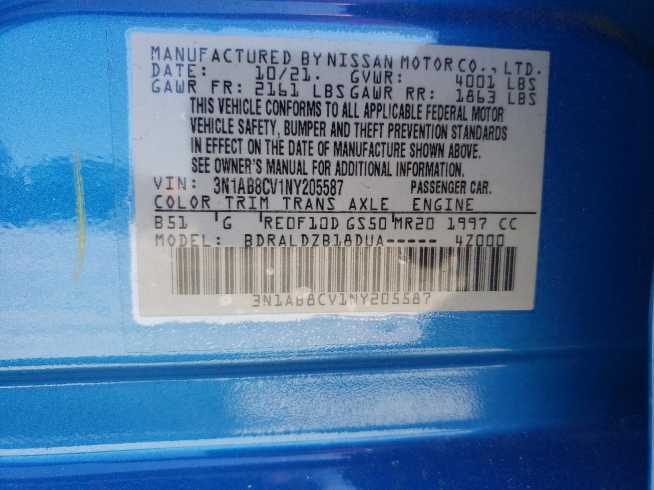 2022 NISSAN SENTRA SV VIN:3N1AB8CV1NY205587