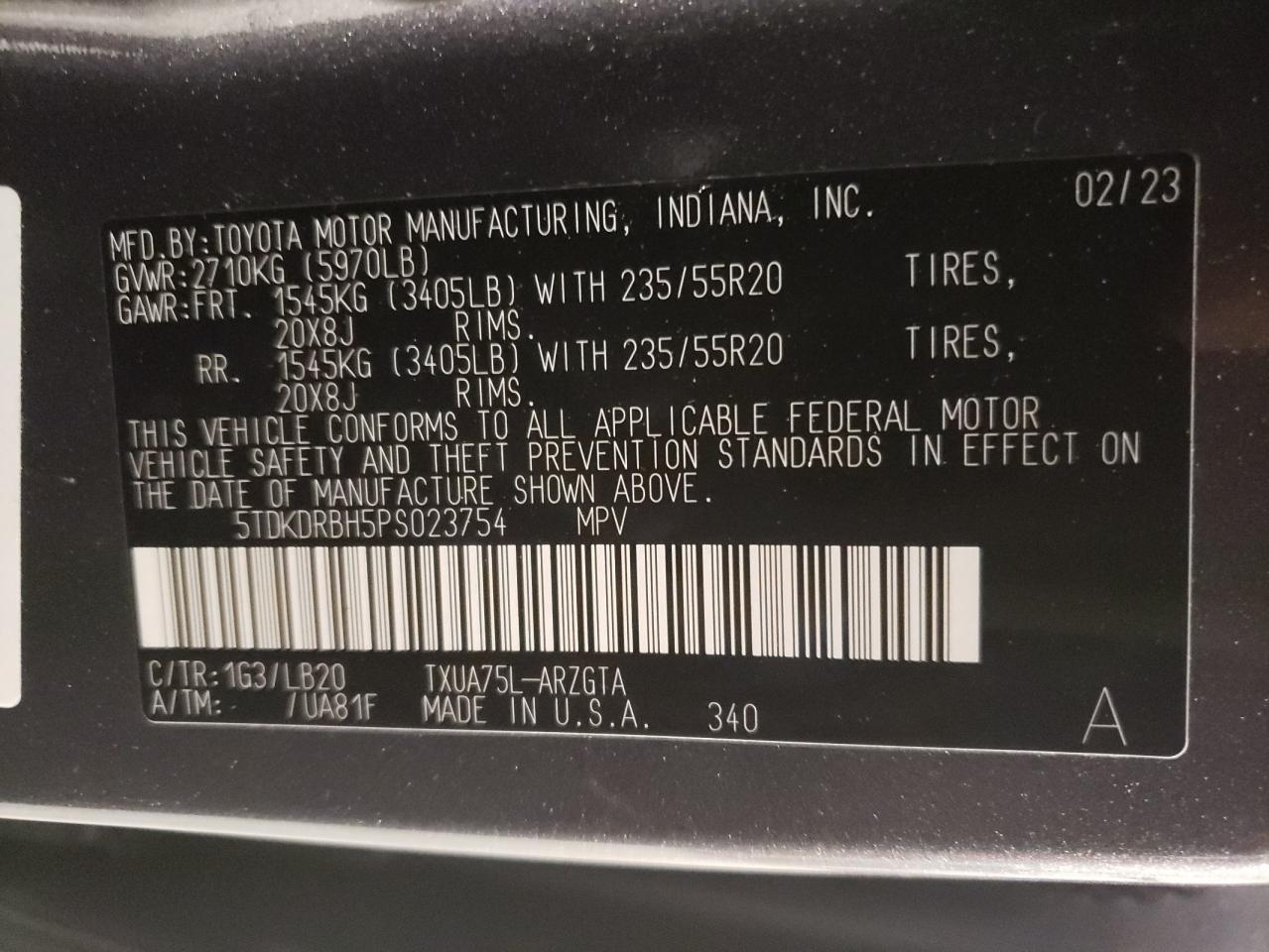 2023 TOYOTA HIGHLANDER L VIN:5TDKDRBH5PS023754