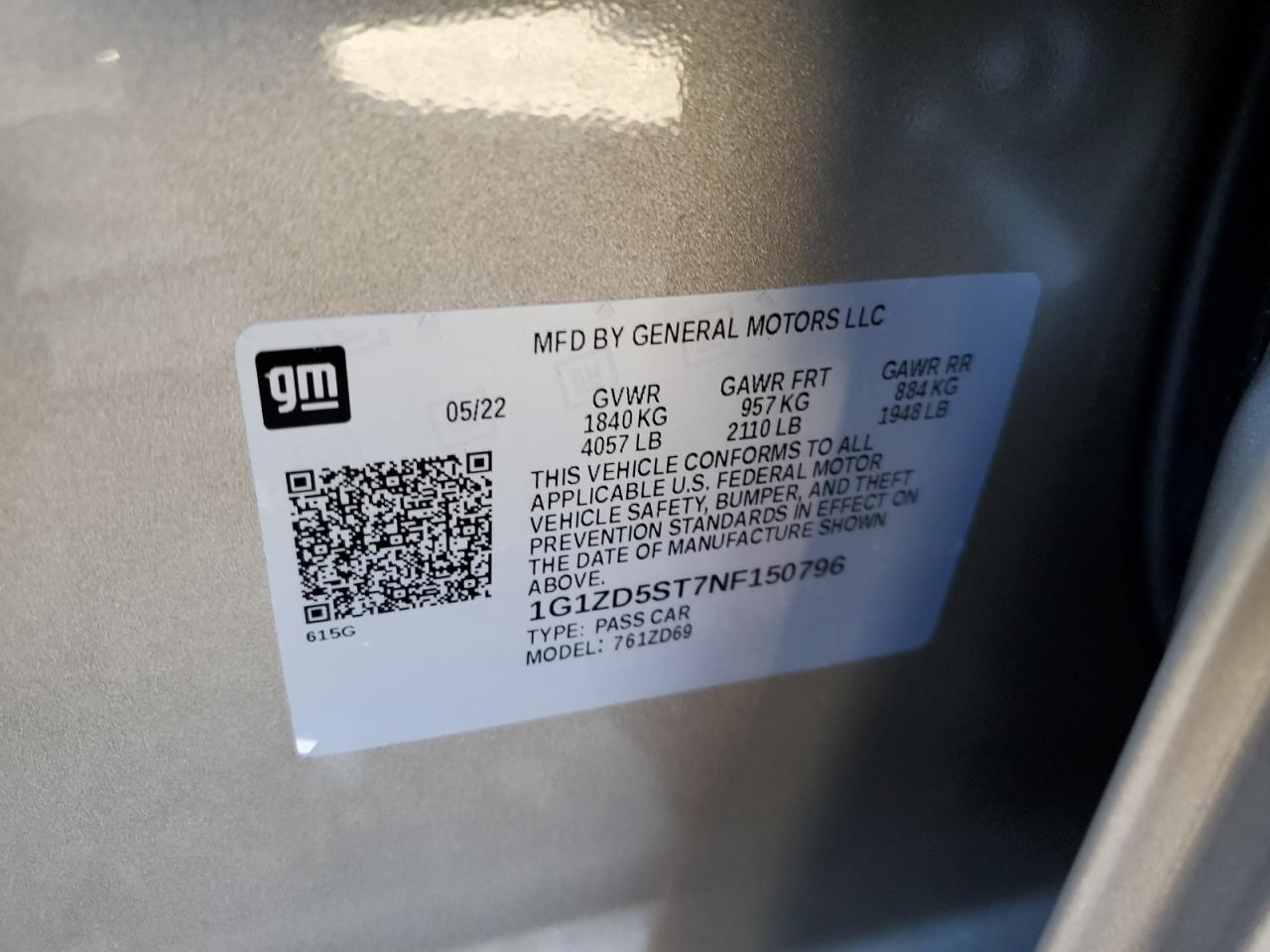 2022 CHEVROLET MALIBU LT VIN:JH2RC1306DM017195