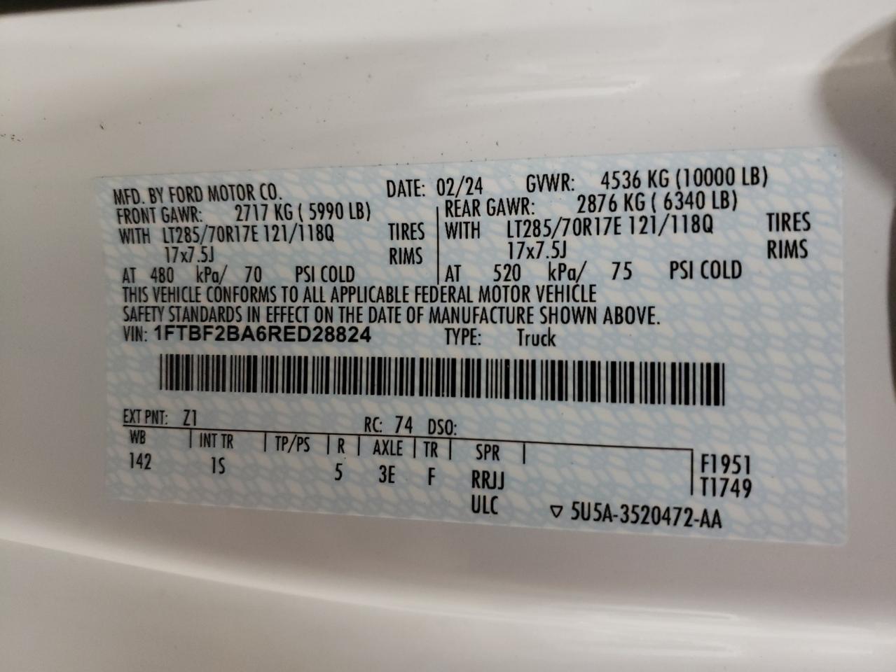 2024 FORD F250 SUPER DUTY VIN:1FTBF2BA6RED28824
