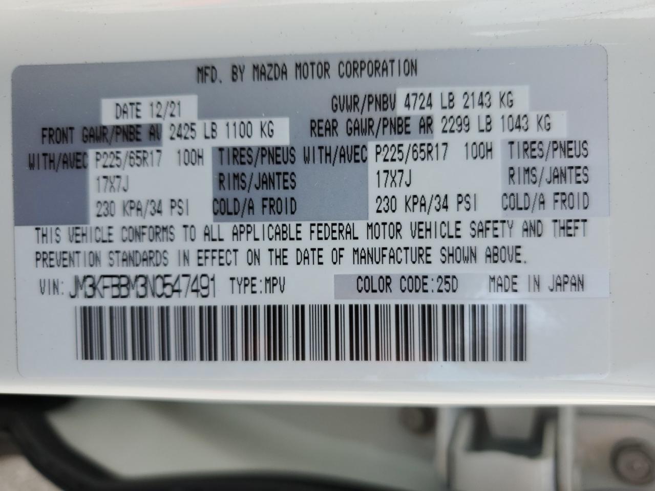 2022 MAZDA CX-5 SELECT VIN:JM3KFBBM3N0547491