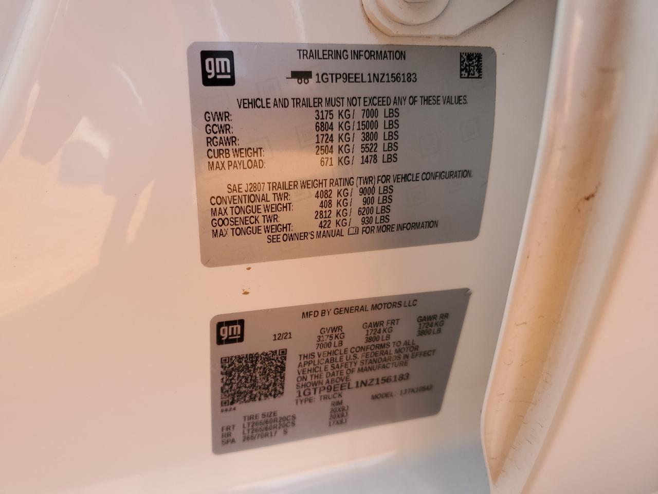 2022 GMC SIERRA LIMITED K1500 AT4 VIN:1GTP9EEL1NZ156183