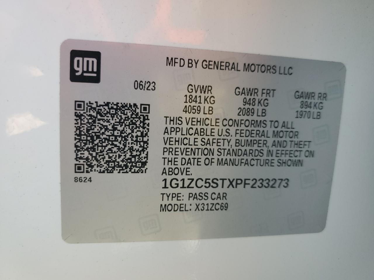 2023 CHEVROLET MALIBU LS VIN:1G1ZC5STXPF233273