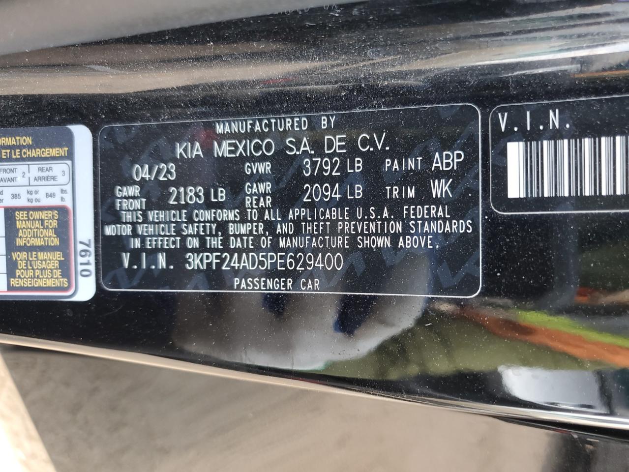 2023 KIA FORTE LX VIN:3KPF24AD5PE629400