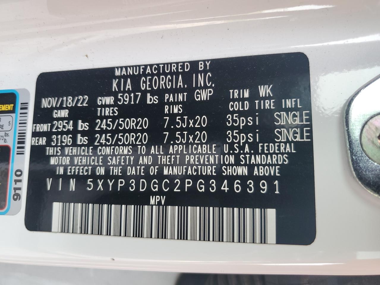 2023 KIA TELLURIDE EX VIN:5XYP3DGC2PG346391