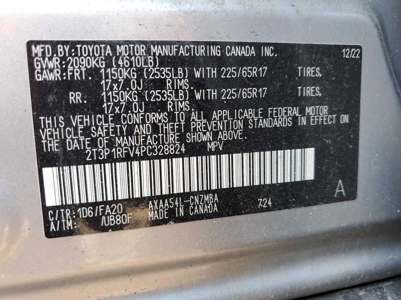 2023 TOYOTA RAV4 XLE VIN:2T3P1RFV4PC328824