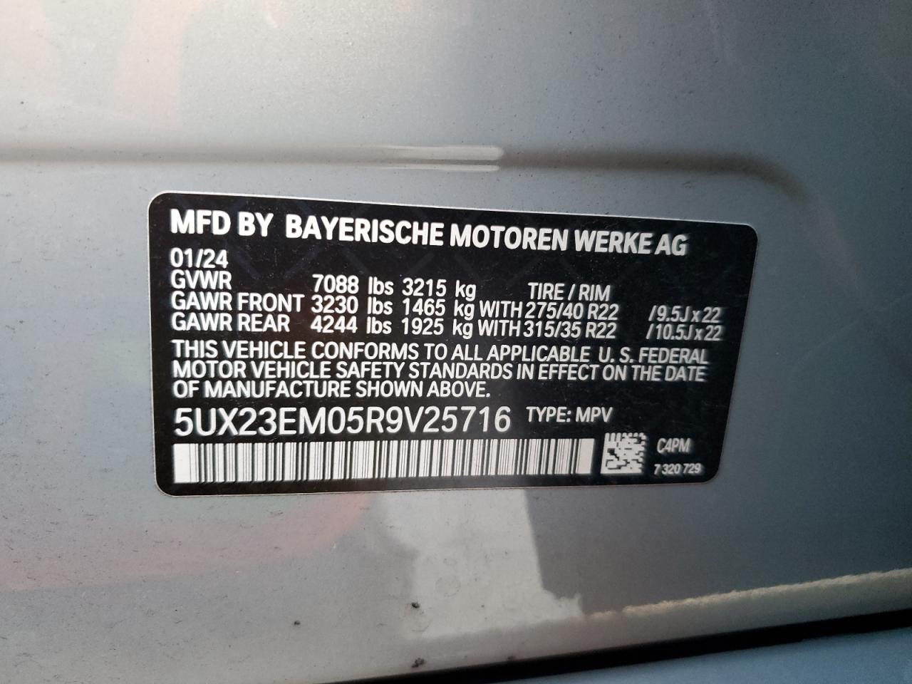 2024 BMW X7 XDRIVE40I VIN:5UX23EM05R9V25716