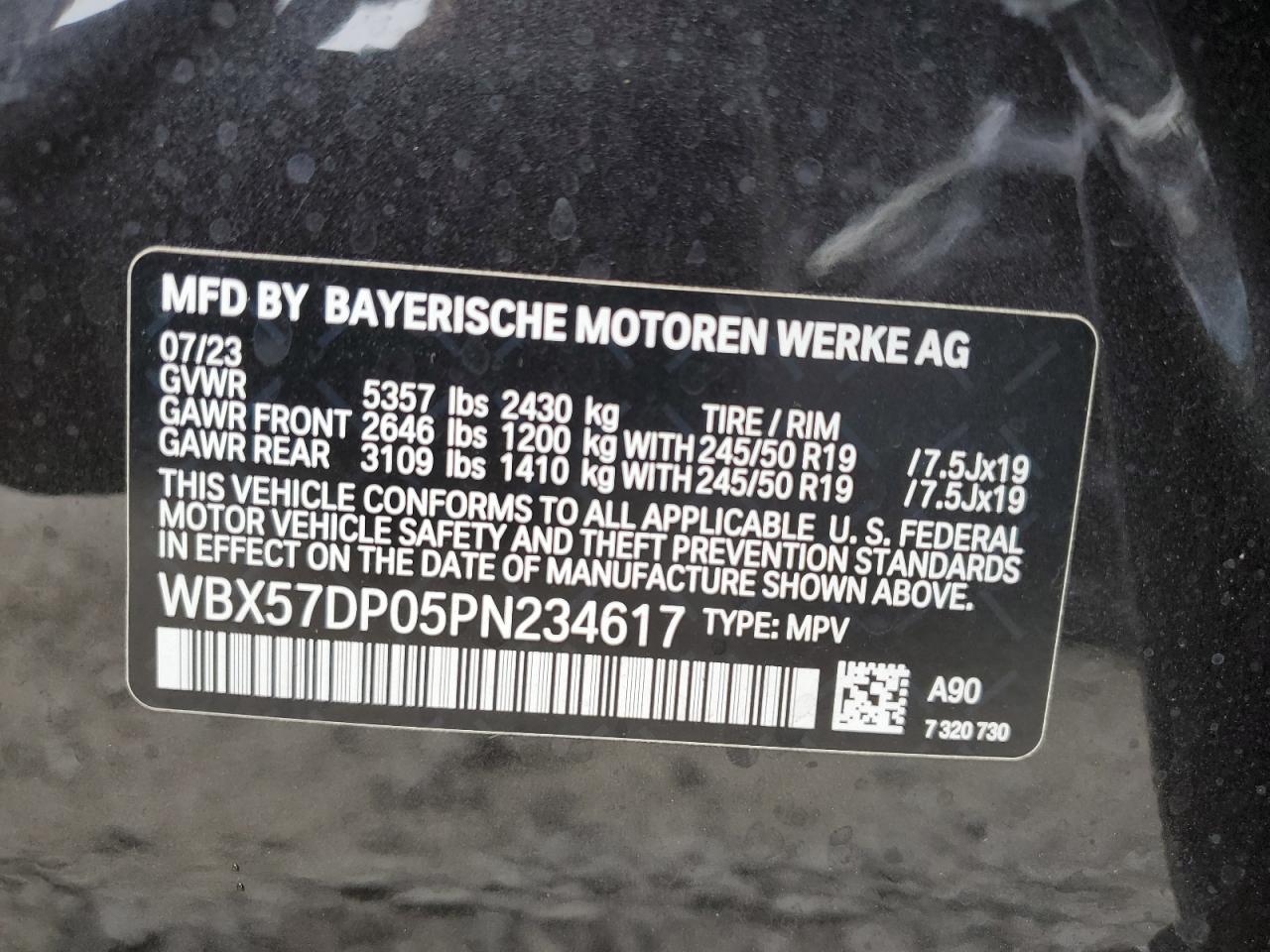 2023 BMW X3 XDRIVE30I VIN:WBX57DP05PN234617