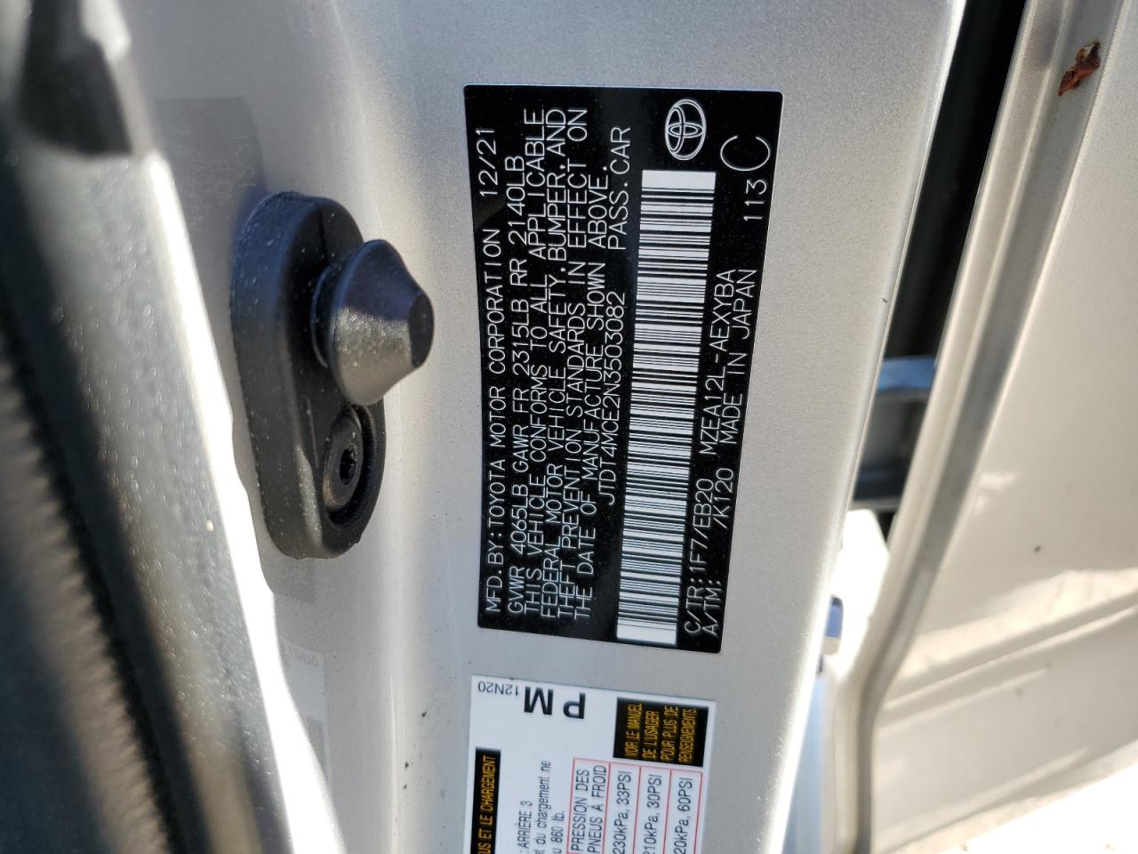 2022 TOYOTA COROLLA XSE VIN:JTDT4MCE2N3503082