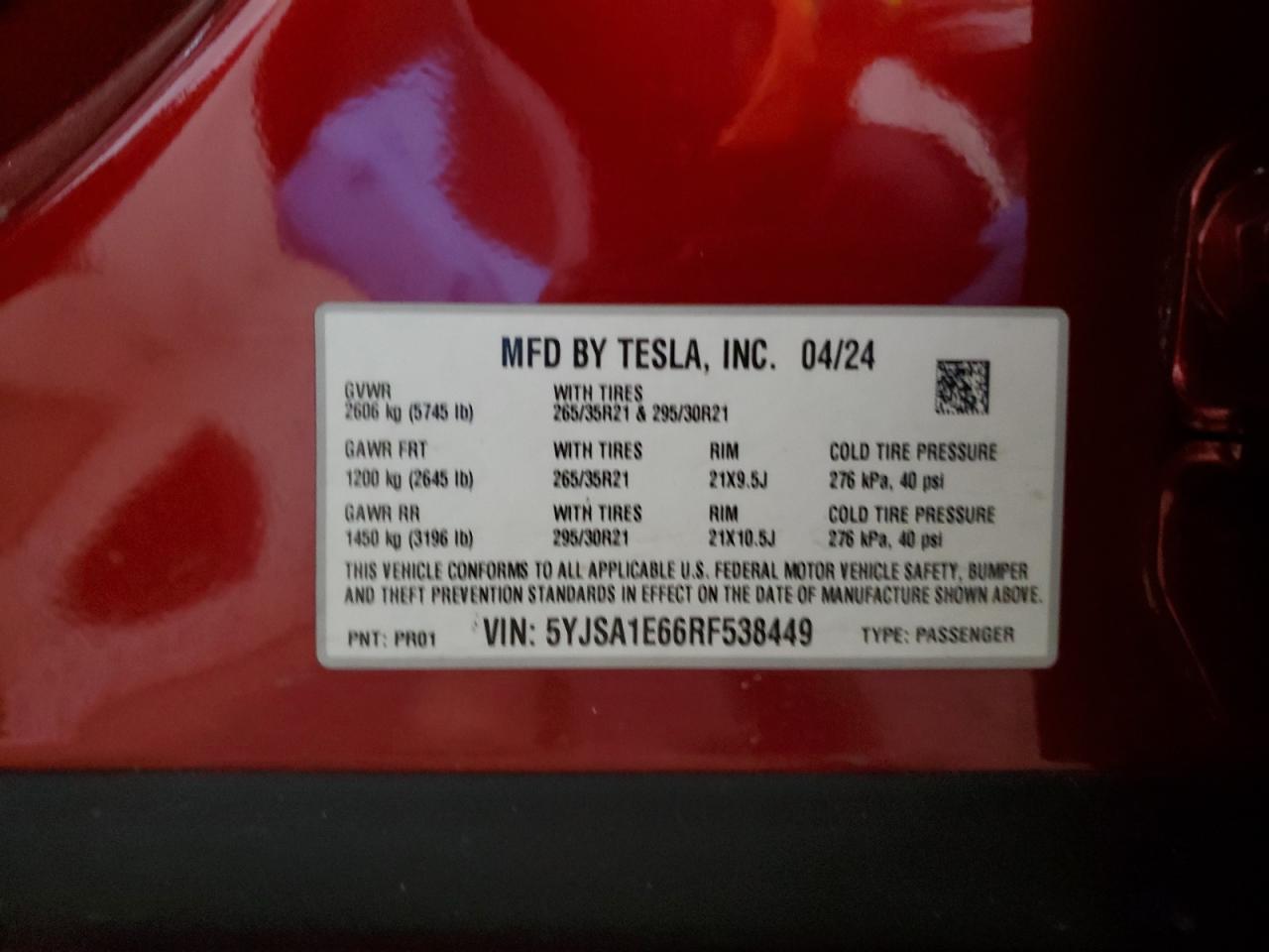 2024 TESLA MODEL S  VIN:5YJSA1E66RF538449
