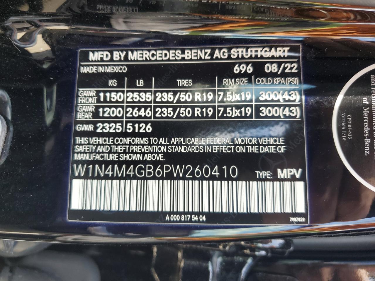 2023 MERCEDES-BENZ GLB 250 VIN:W1N4M4GB6PW260410