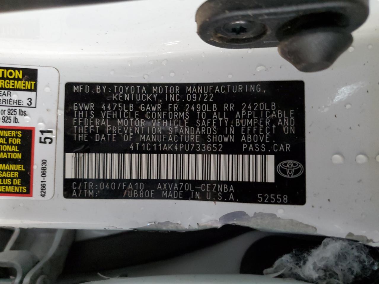 2023 TOYOTA CAMRY LE VIN:4T1C11AK4PU733652