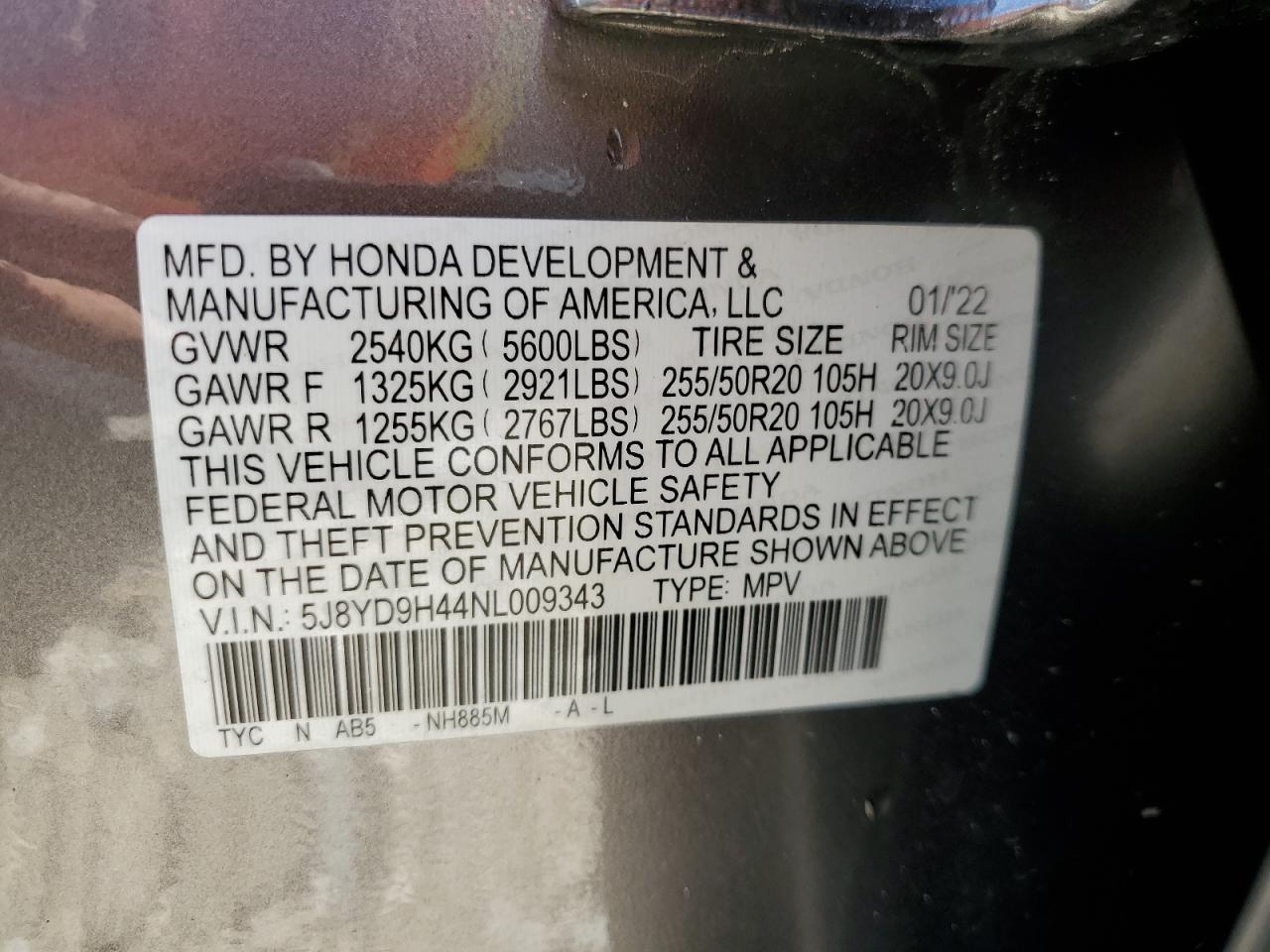 2022 ACURA MDX TECHNOLOGY VIN:5J8YD9H44NL009343