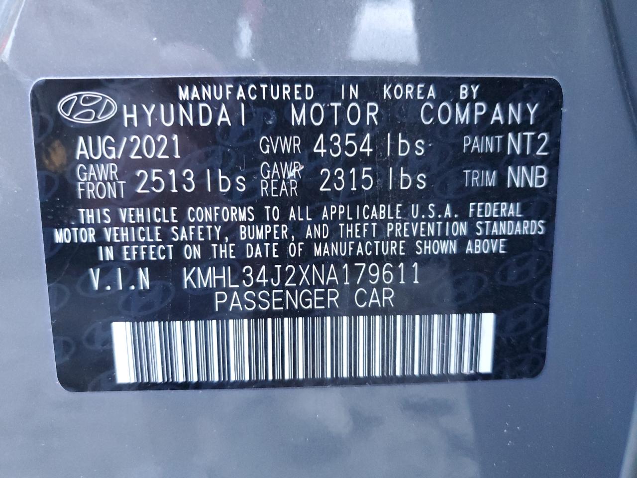 2022 HYUNDAI SONATA LIMITED VIN:KMHL34J2XNA179611