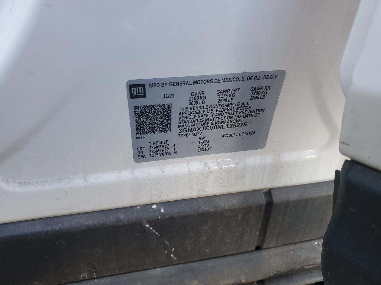 2022 CHEVROLET EQUINOX LT VIN:3GNAXTEV0NL135275