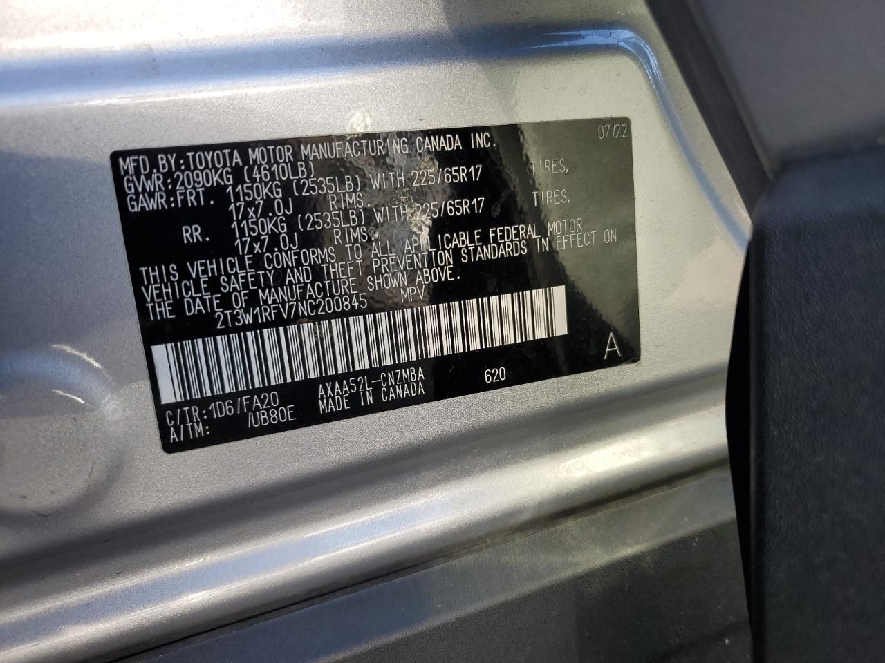 2022 TOYOTA RAV4 XLE VIN:2T3W1RFV7NC200845