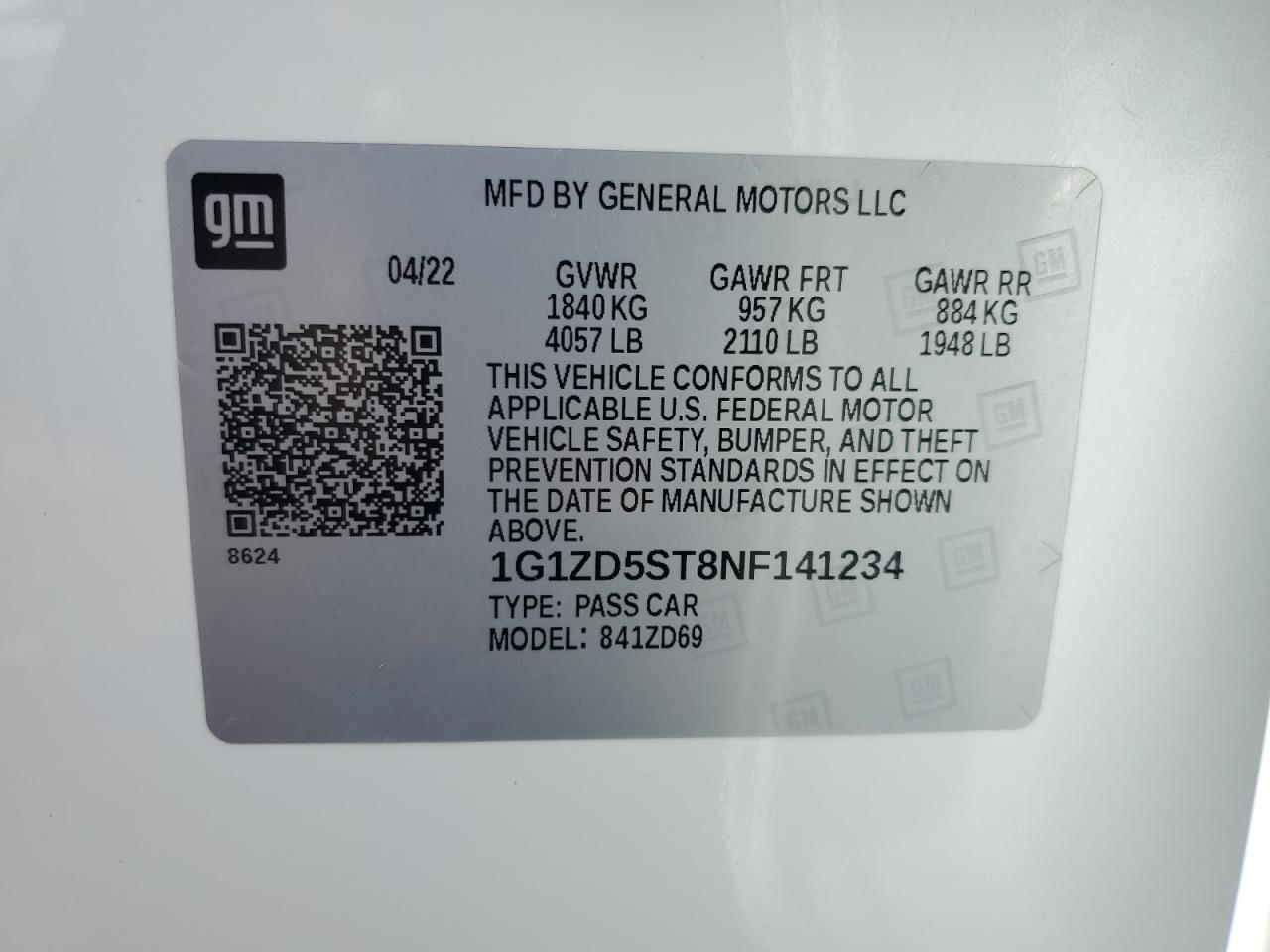 2022 CHEVROLET MALIBU LT VIN:1G1ZD5ST8NF141234