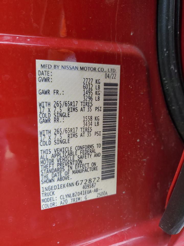 2022 NISSAN FRONTIER S VIN:1N6ED1EK4NN672872