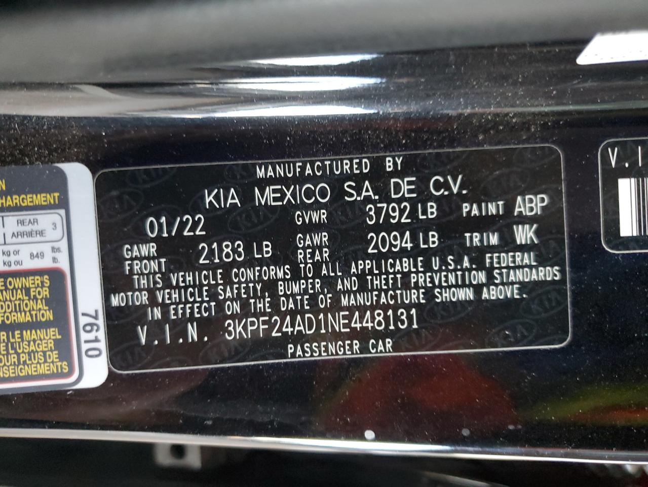 2022 KIA FORTE FE VIN:3KPF24AD1NE448131