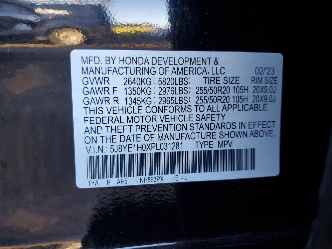 2023 ACURA MDX A-SPEC VIN:5J8YE1H0XPL031281