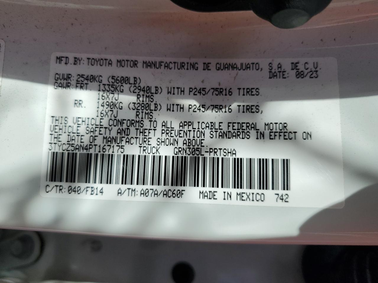 2023 TOYOTA TACOMA DOUBLE CAB VIN:3TYCZ5AN4PT167175