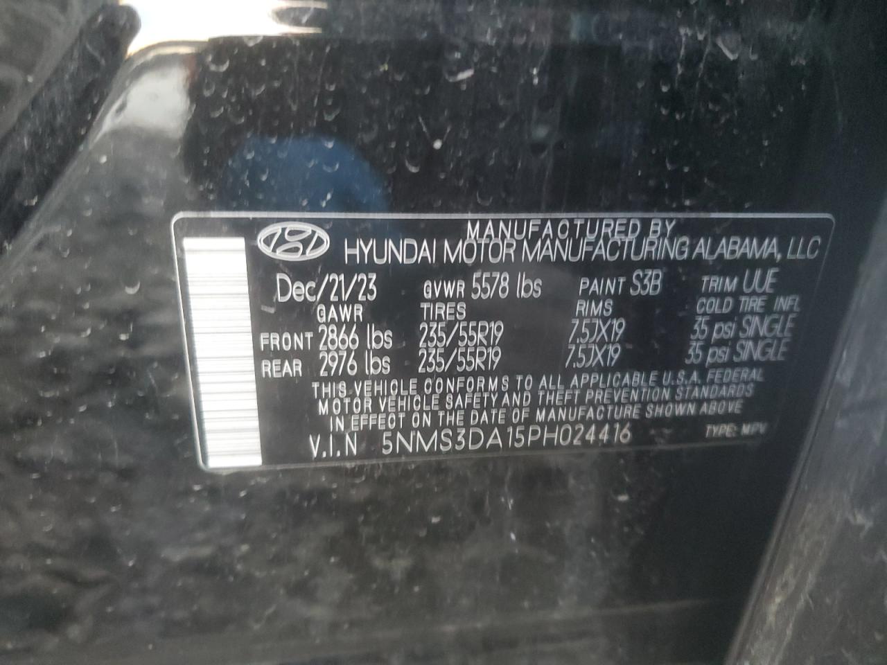 2023 HYUNDAI SANTA FE SEL PREMIUM VIN:5NMS3DA15PH024416