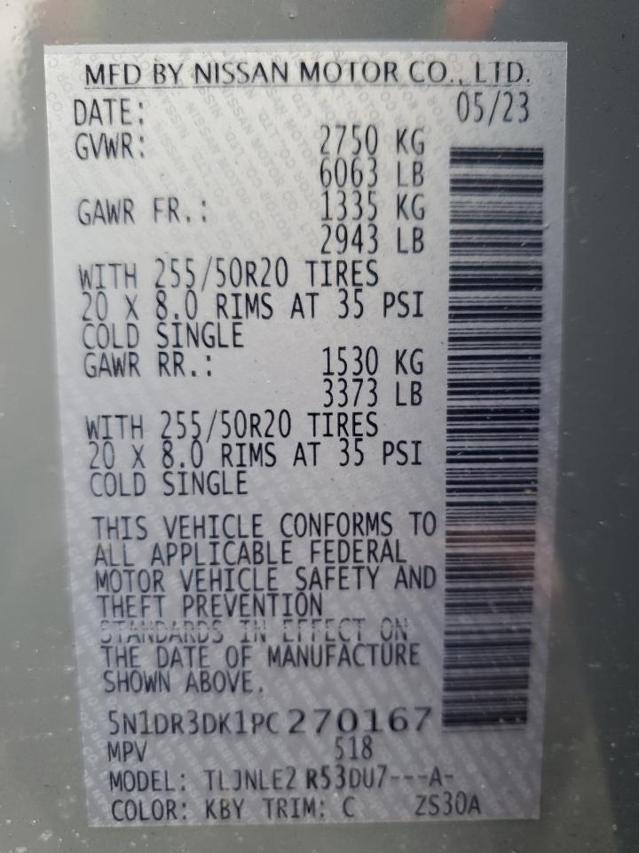 2023 NISSAN PATHFINDER PLATINUM VIN:5N1DR3DK1PC270167