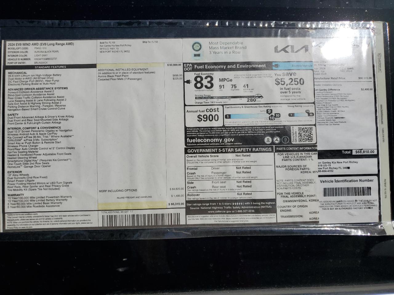 2024 KIA EV9 WIND VIN:KNDAFFS54R6022737