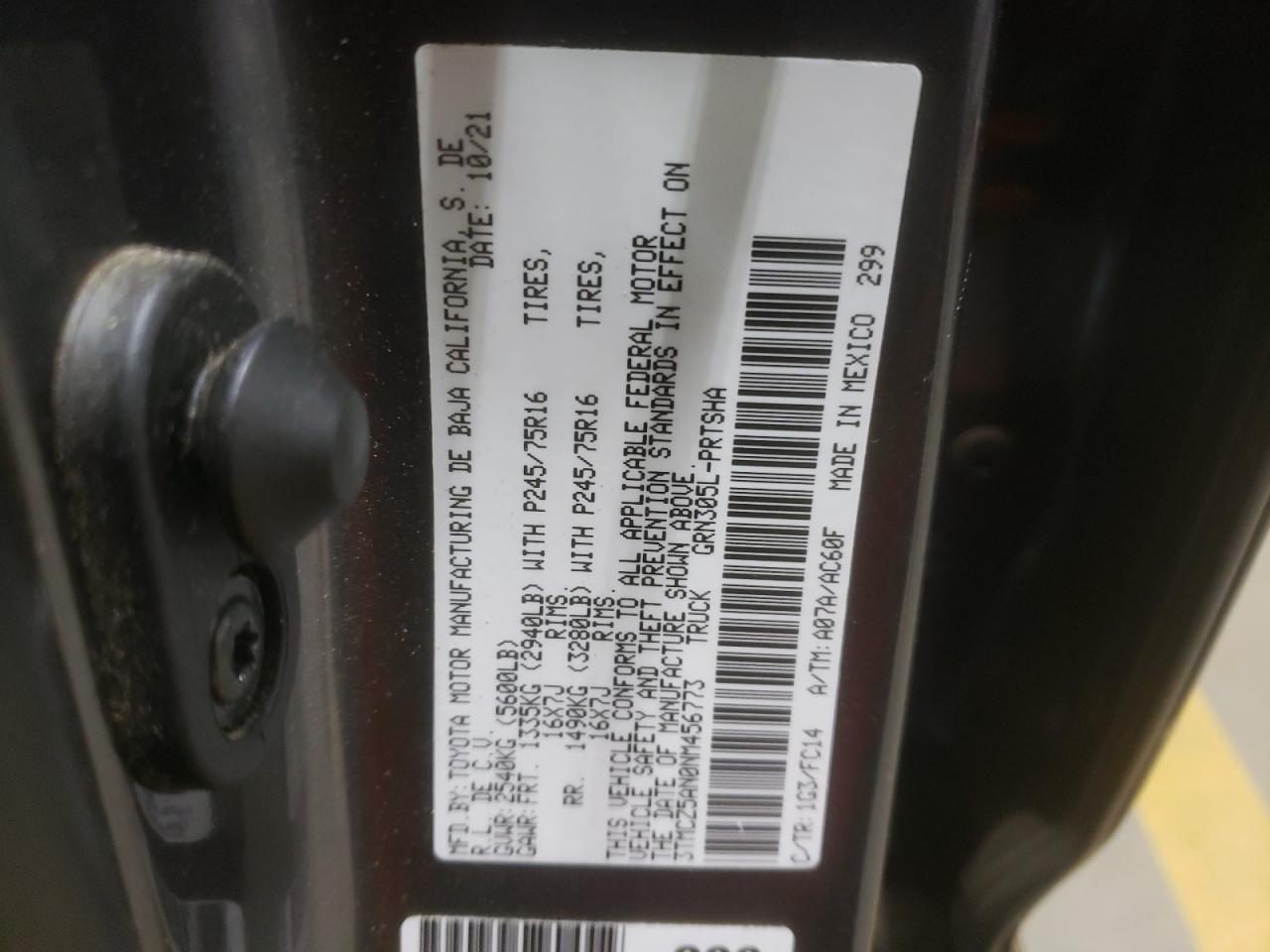 2022 TOYOTA TACOMA DOUBLE CAB VIN:3TMCZ5AN0NM456773